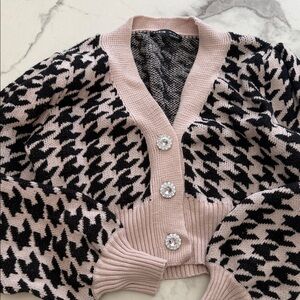 Women's Pink and Black Houndstooth Button Cardigan Sweater